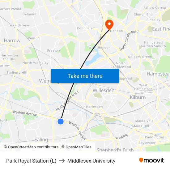 Park Royal Station (L) to Middlesex University map