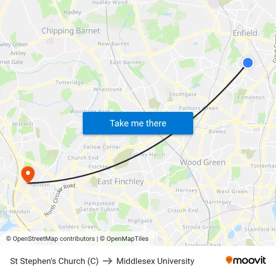 St Stephen's Church (C) to Middlesex University map