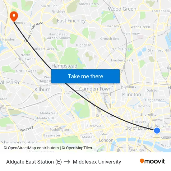 Aldgate East Station (E) to Middlesex University map