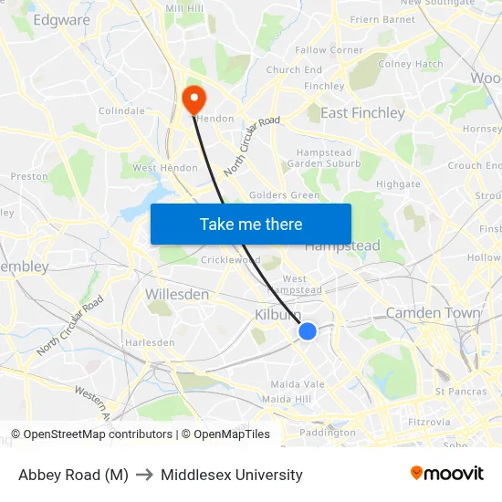 Abbey Road (M) to Middlesex University map