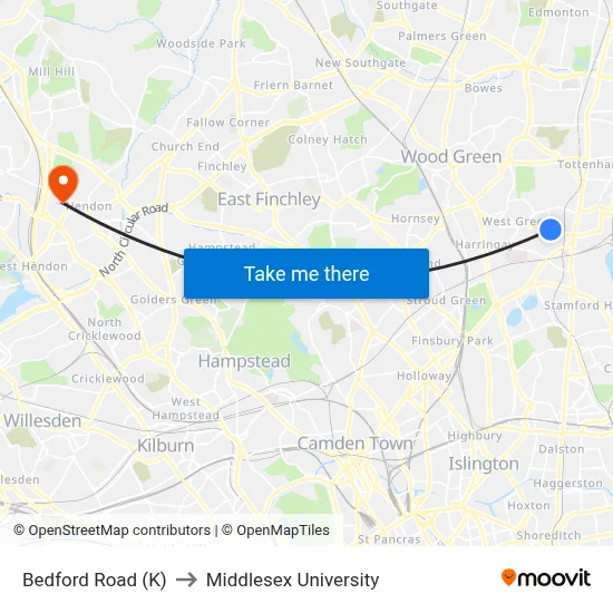 Bedford Road (K) to Middlesex University map