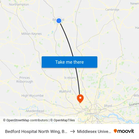 Bedford Hospital North Wing, Bedford to Middlesex University map