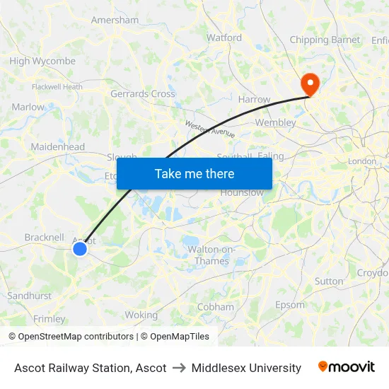 Ascot Railway Station, Ascot to Middlesex University map