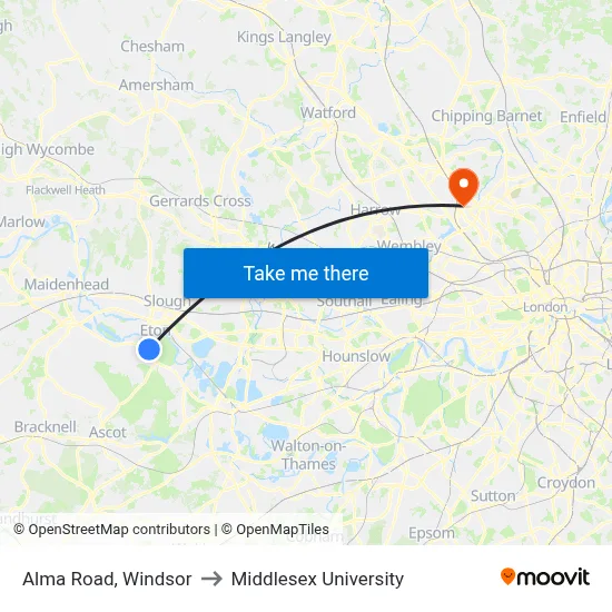 Alma Road, Windsor to Middlesex University map