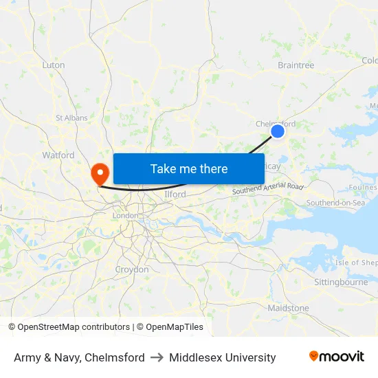 Army & Navy, Chelmsford to Middlesex University map