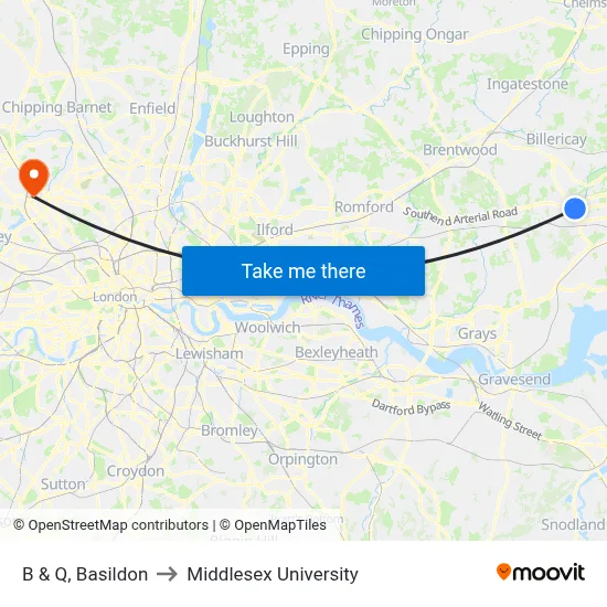 B & Q, Basildon to Middlesex University map