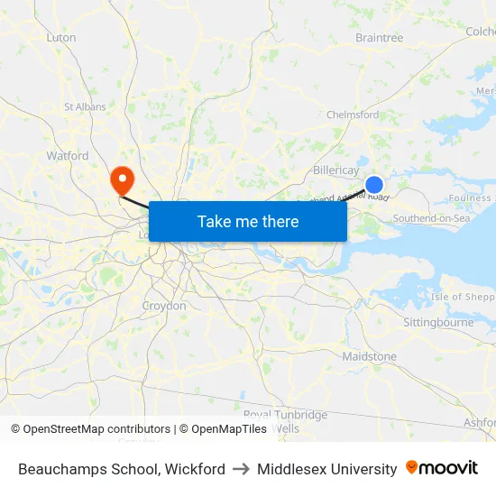 Beauchamps School, Wickford to Middlesex University map
