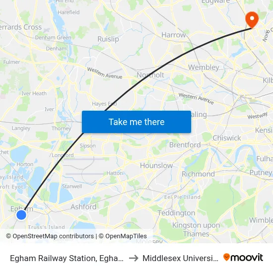 Egham Railway Station, Egham to Middlesex University map