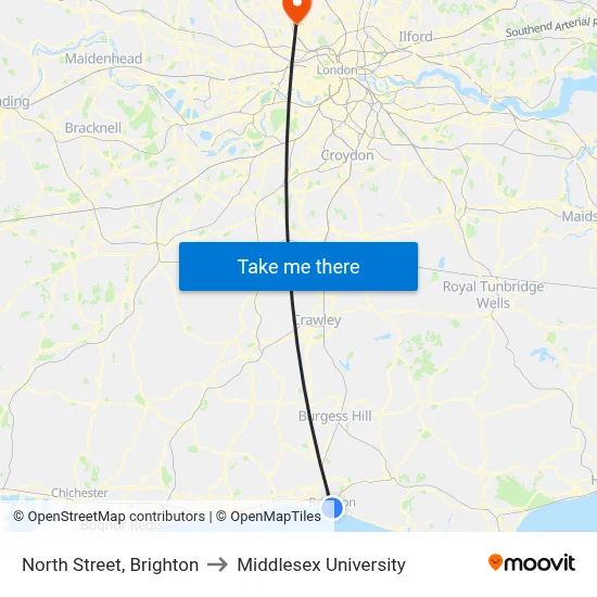 North Street, Brighton to Middlesex University map