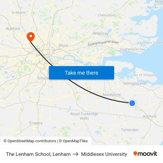 The Lenham School, Lenham to Middlesex University map