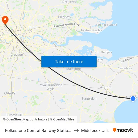Folkestone Central Railway Station, Folkestone to Middlesex University map