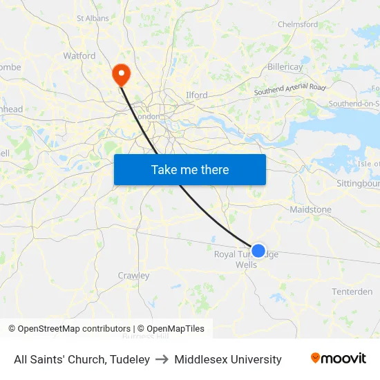 All Saints' Church, Tudeley to Middlesex University map