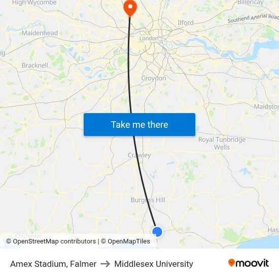 Amex Stadium, Falmer to Middlesex University map