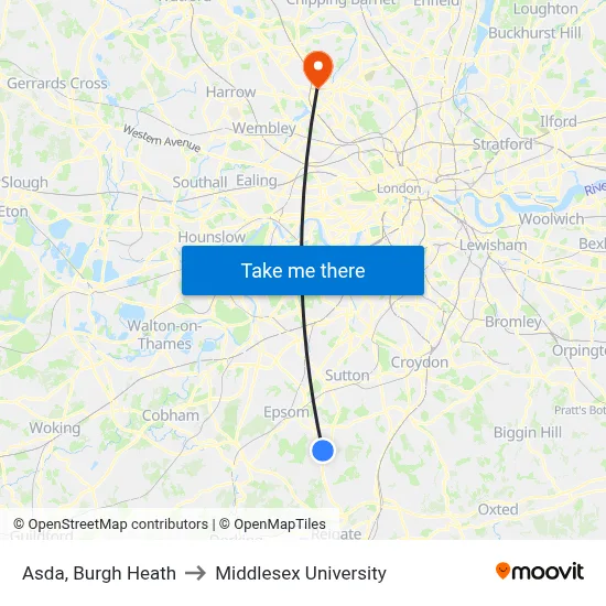 Asda, Burgh Heath to Middlesex University map