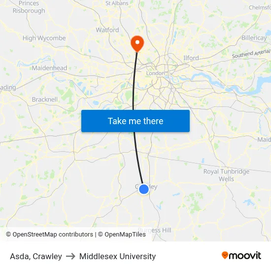 Asda, Crawley to Middlesex University map