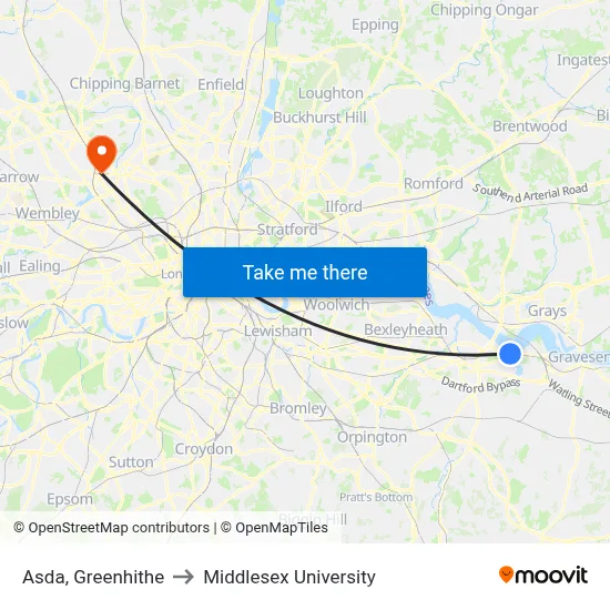 Asda, Greenhithe to Middlesex University map