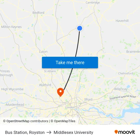 Bus Station, Royston to Middlesex University map