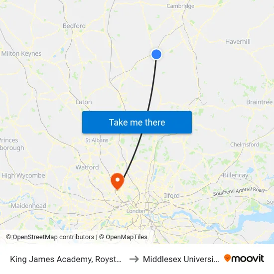 King James Academy, Royston to Middlesex University map
