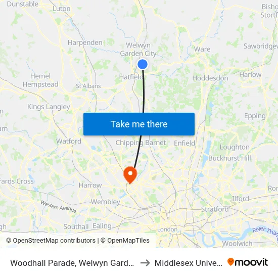 Woodhall Parade, Welwyn Garden City to Middlesex University map
