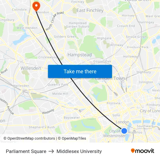 Parliament Square to Middlesex University map