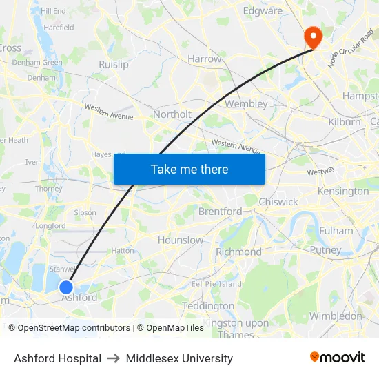 Ashford Hospital to Middlesex University map