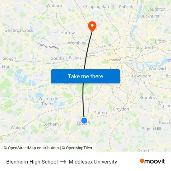 Blenheim High School to Middlesex University map