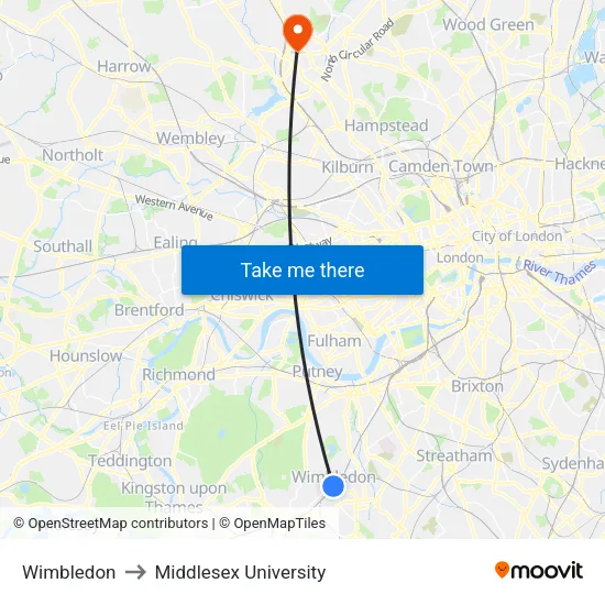 Wimbledon to Middlesex University map