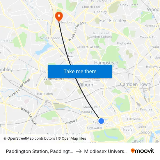 Paddington Station, Paddington to Middlesex University map