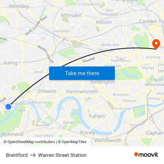 Brentford to Warren Street Station map