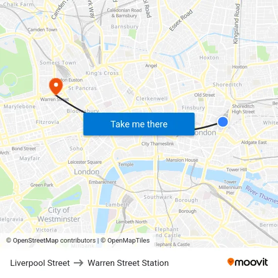 Liverpool Street to Warren Street Station map