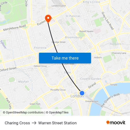 Charing Cross to Warren Street Station map