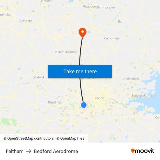 Feltham to Bedford Aerodrome map