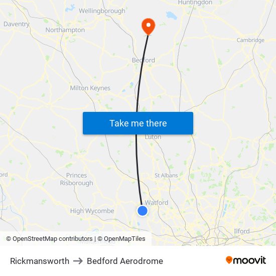 Rickmansworth to Bedford Aerodrome map