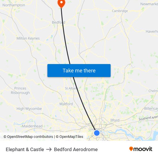 Elephant & Castle to Bedford Aerodrome map
