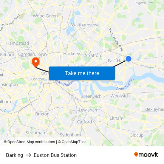 Barking to Euston Bus Station map