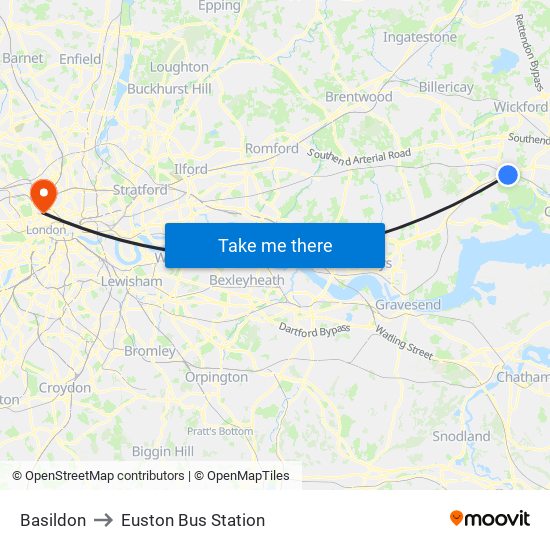 Basildon to Euston Bus Station map