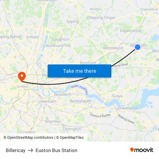 Billericay to Euston Bus Station map