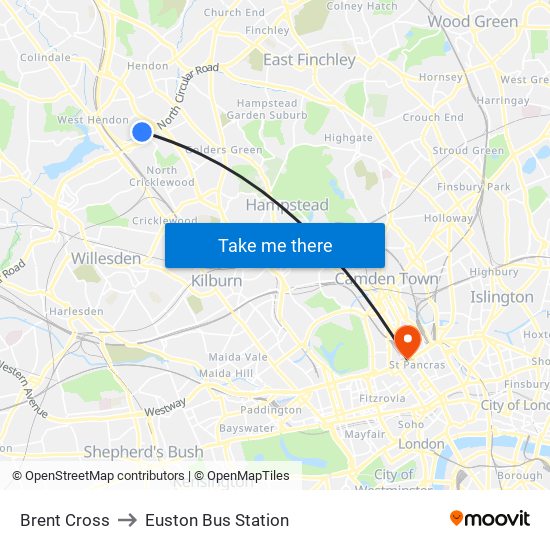 Brent Cross to Euston Bus Station map