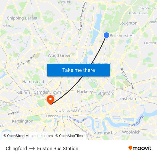 Chingford to Euston Bus Station map