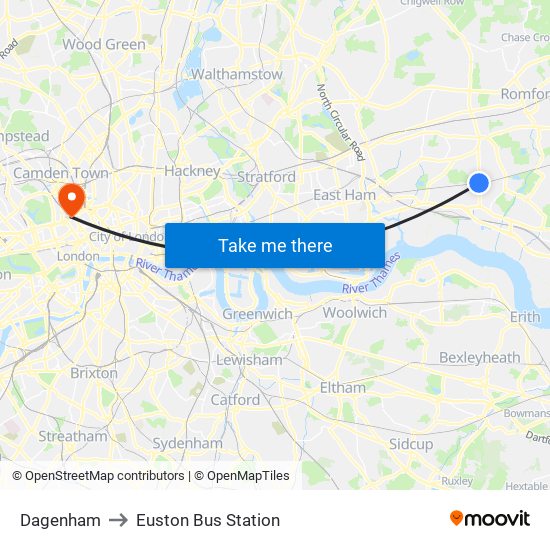 Dagenham to Euston Bus Station map