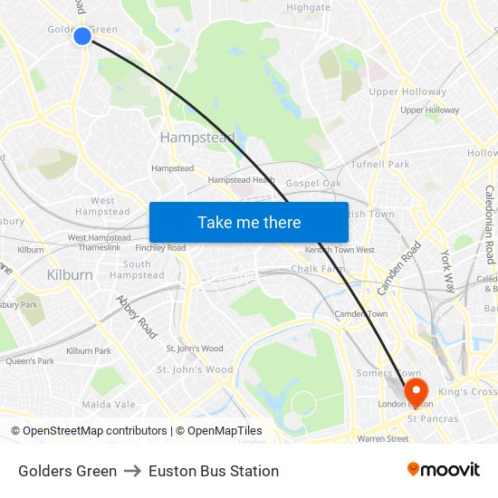 Golders Green to Euston Bus Station map