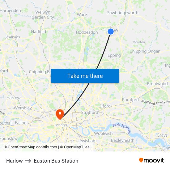 Harlow to Euston Bus Station map