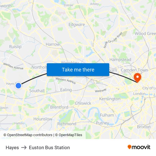 Hayes to Euston Bus Station map