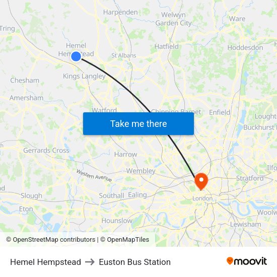 Hemel Hempstead to Euston Bus Station map