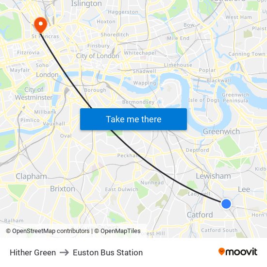 Hither Green to Euston Bus Station map