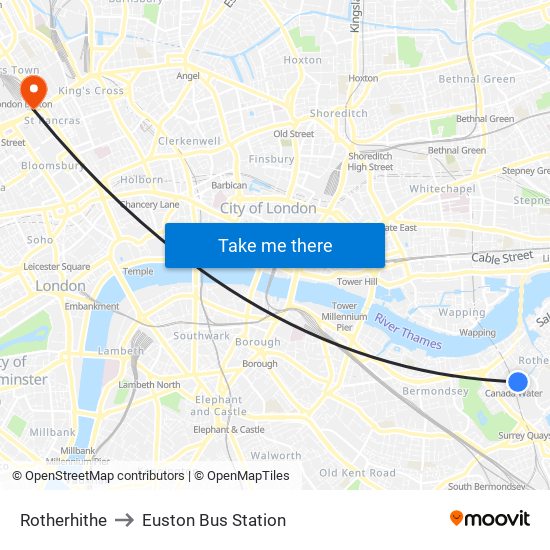 Rotherhithe to Euston Bus Station map