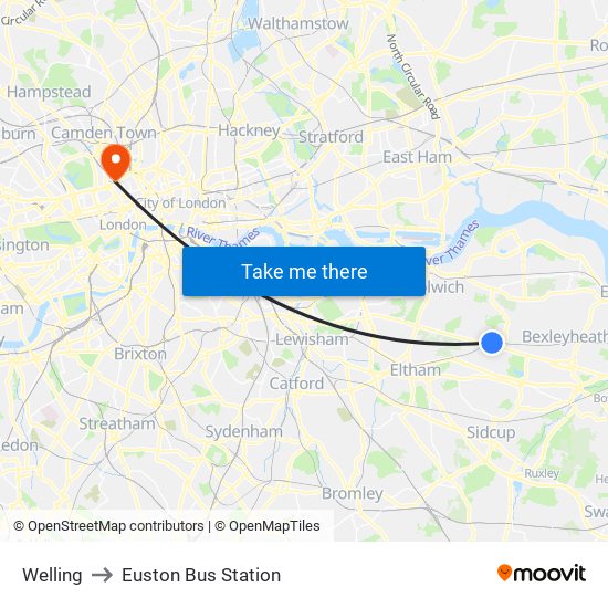 Welling to Euston Bus Station map