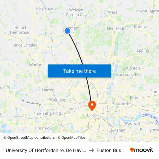 University Of Hertfordshire, De Havilland Campus to Euston Bus Station map