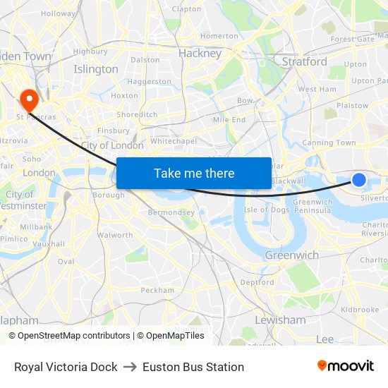 Royal Victoria Dock to Euston Bus Station map