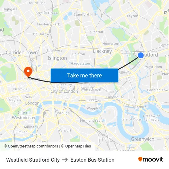 Westfield Stratford City to Euston Bus Station map